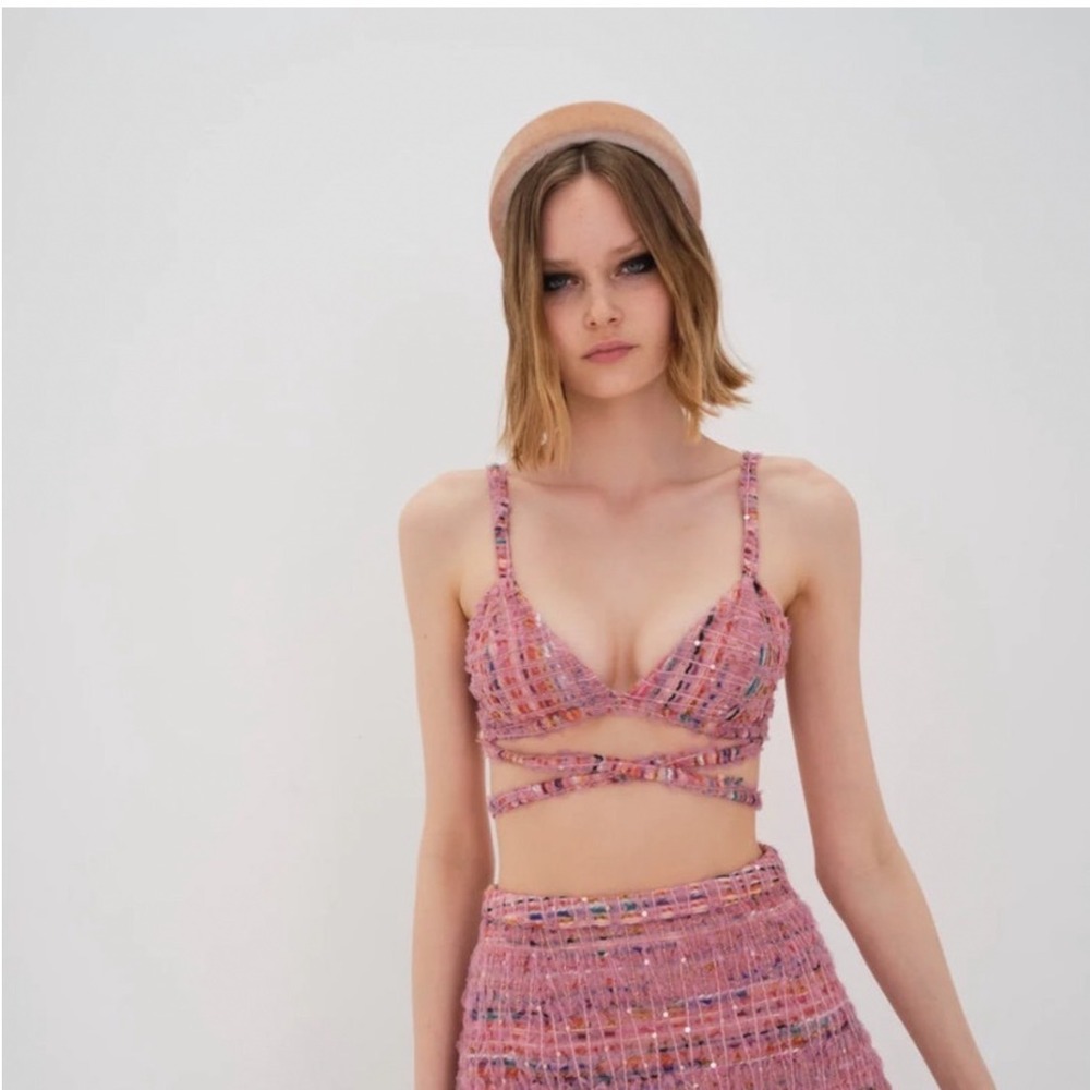 For Love‎ & Lemons Dionne Tweed Wrap Crop Top Pink Sequin Bralette Size L